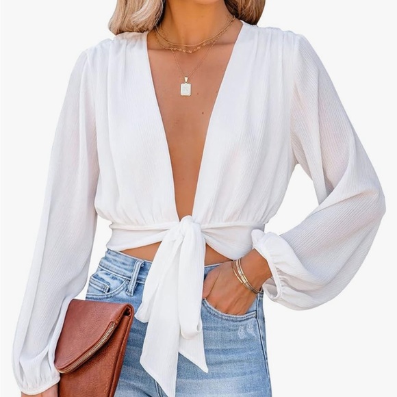 Front Tie Knot Deep V-Neck. Never worn. From Amazon. Size small! - Picture 3 of 3